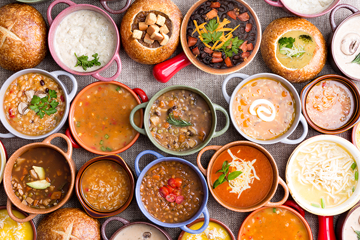 An inviting spread of colorful soups